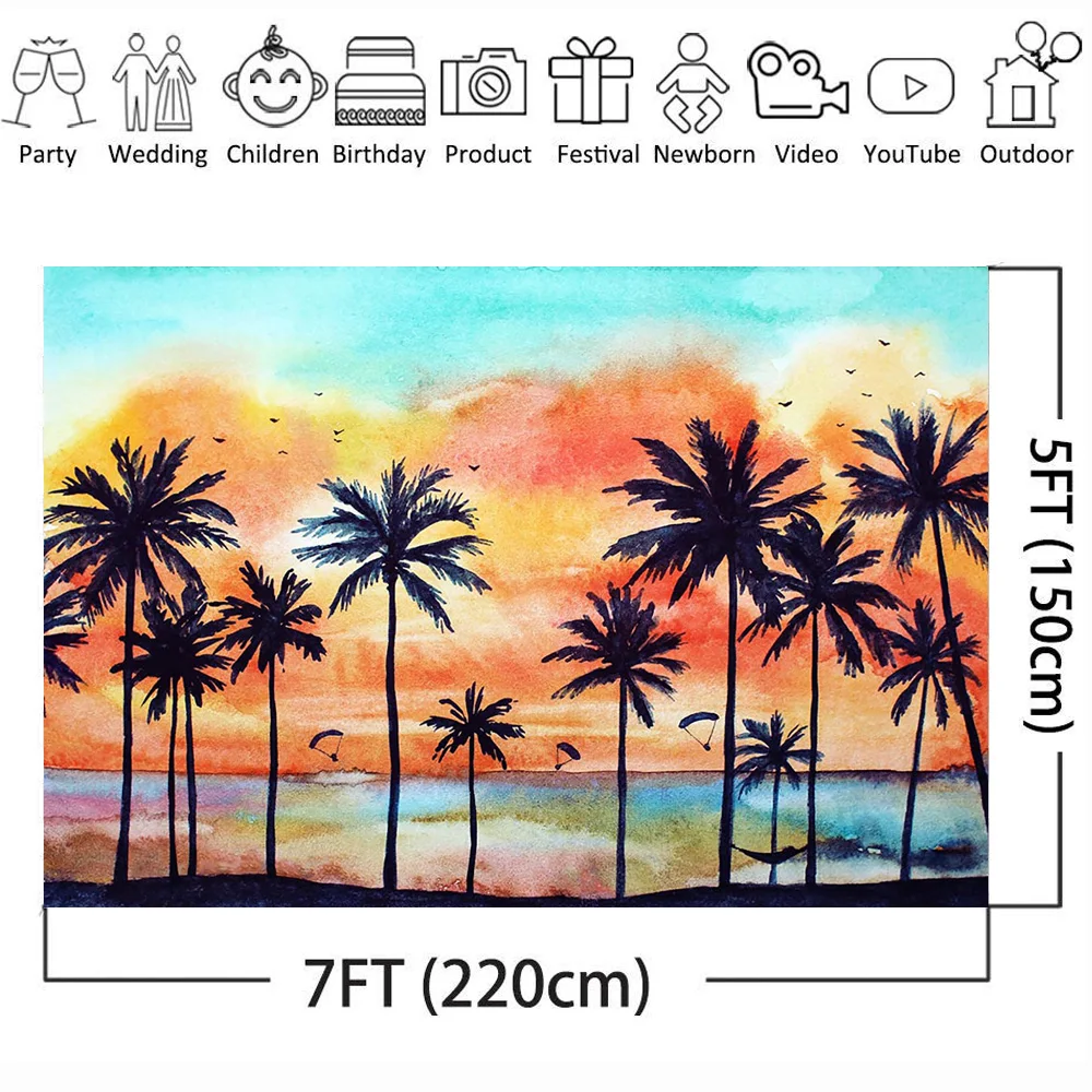 Summer Holiday Backdrop for Photography Palm Tree Oil Painting Abstract Background for Photo Booth Studio Computer Printed