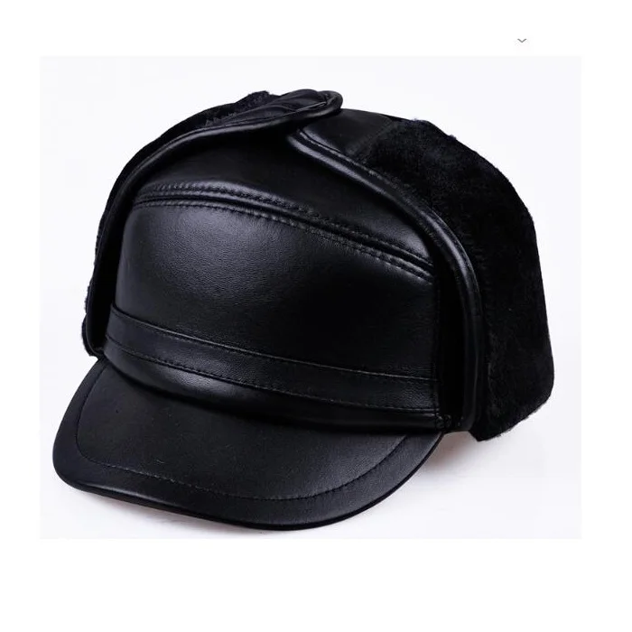 

Plus thick velvet Leather hat warm winter 100% sheepskin leather leifeng cap men sheep skin imitation mink hair ear cap bone