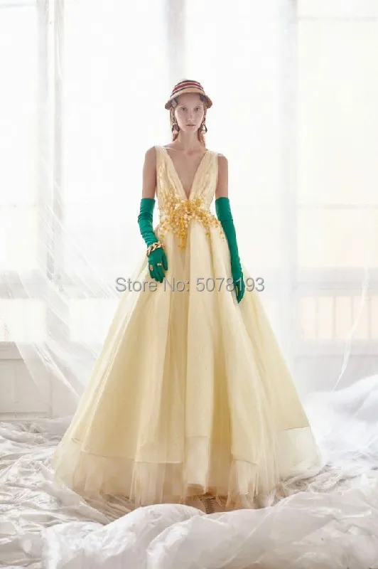 

New in V-neck sleeveless natural A-line floor-length tulle evenig dress/gowns pleat&flowers free shipping