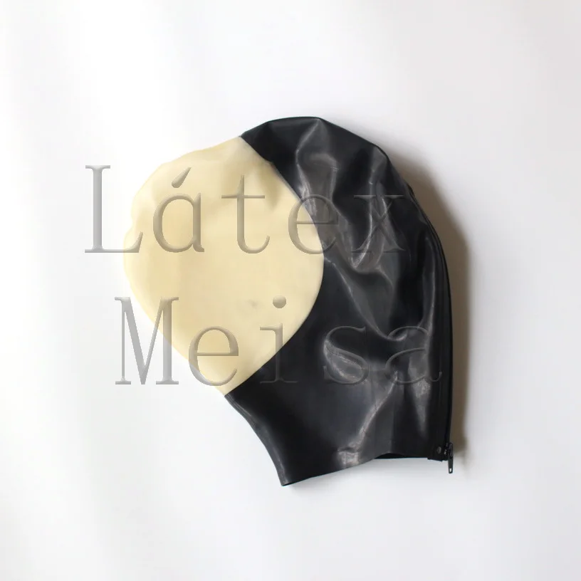 

Breathless latex masks adult's rubber hoods attached sticky holes in mouth in black and transparent colors with back zip