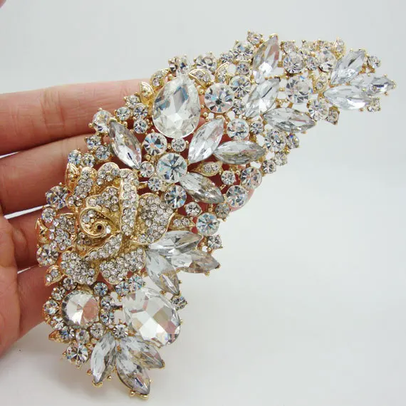 Fashion Elegant Bridal Bridesmaid Clear Rhinestone Crystal Rose Flower Art Nouveau Brooch Pin