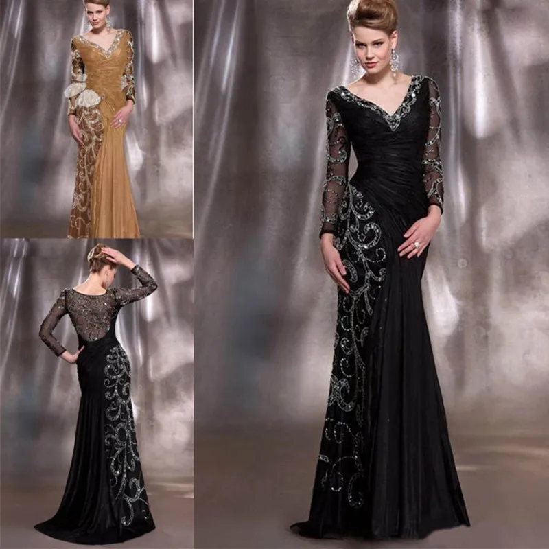 Sexy Sheer Back V-neck Long Sleeve Evening Dresses Women Mermaid Dress Beaded Mother of the Bride Dresses