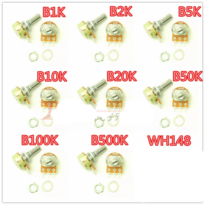 10Pcs WH148 B1K~B1M Ohm Right Angle Linear Single Double Rotary Potentiometer 15mm 20mm Shaft 3Pin 6Pin With Washers and Nuts