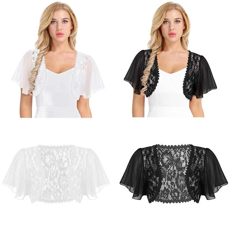 Sexy Bolero Women Black White Lace Elegant Ladies Shrug Short Bell Sleeve Cropped Jacket Shrug For Wedding Evening Prom