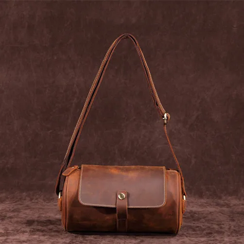 Lovely Unique Design Natural Crazy Horse Leather Women Shoulder Bag Vintage Crossbody Bags Genuine Leather Barrel-shaped Bag