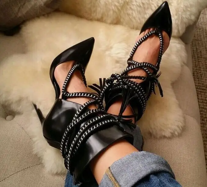 

Fashion chains decoration cut-outs pointed toe leather boots sexy pointed toe high heel shoes zapatos mujer women booties