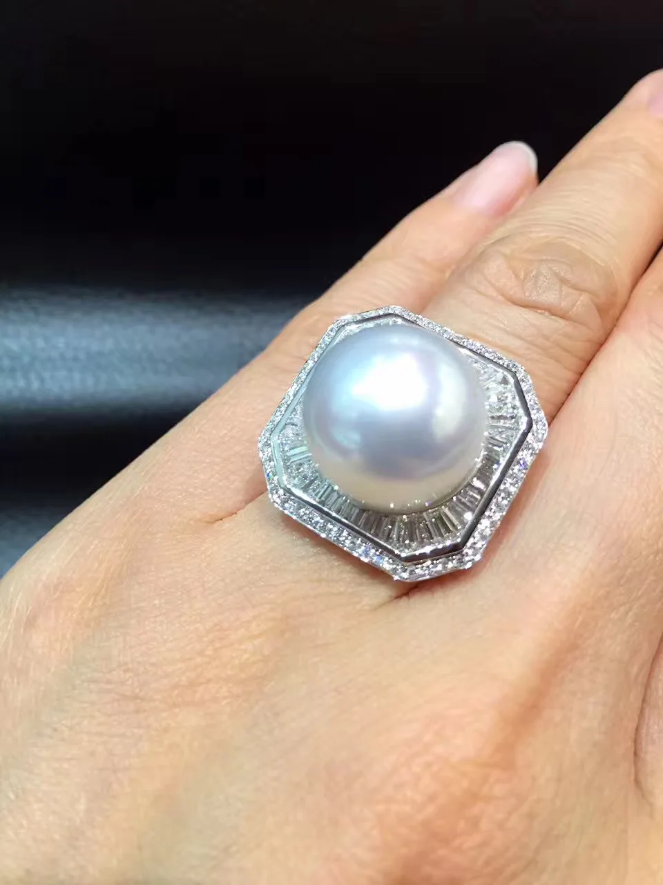 14-15MM  big pearl ring fine jewelry Natural southsea pearl ring 18K gold diamond Genuine pearl  free shipping