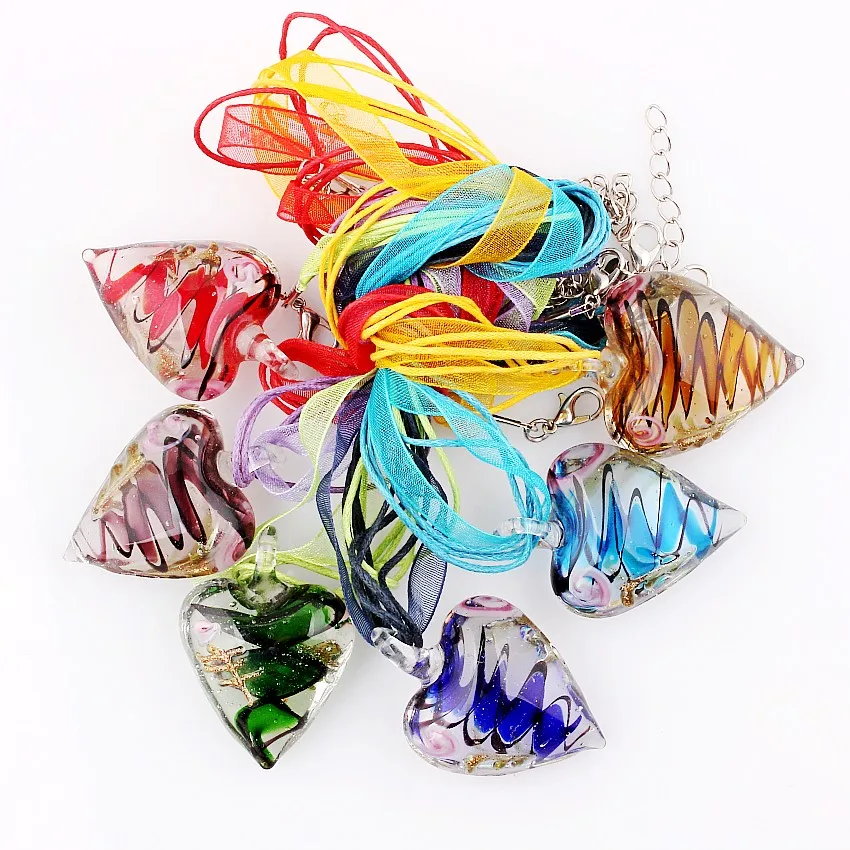 Fashion Wholesale lots 6pcs Handmade Murano Lampwork Glass Mixed Color Inside Rose Flower Pendants Silk Cords Necklace necl0029