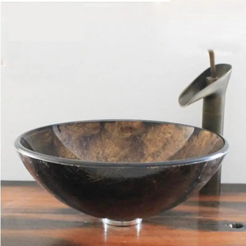 Bathroom Art round Glass Vessel Vanity Sink with free pop up drain brown color