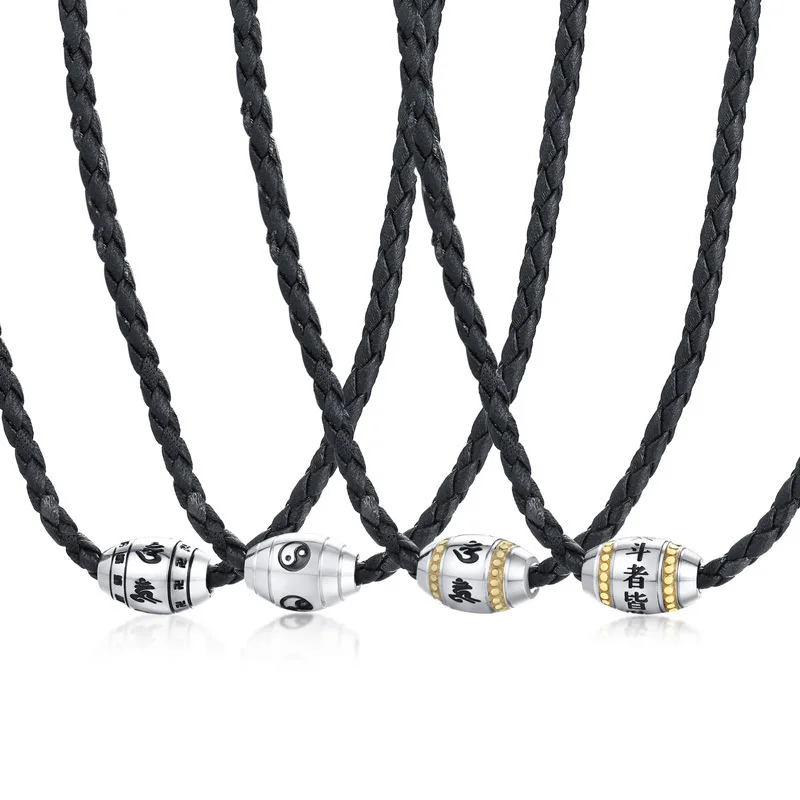 Men Necklace Black Braided Leather with Stainless Steel Beaded Choker for Men Hippie Jewelry