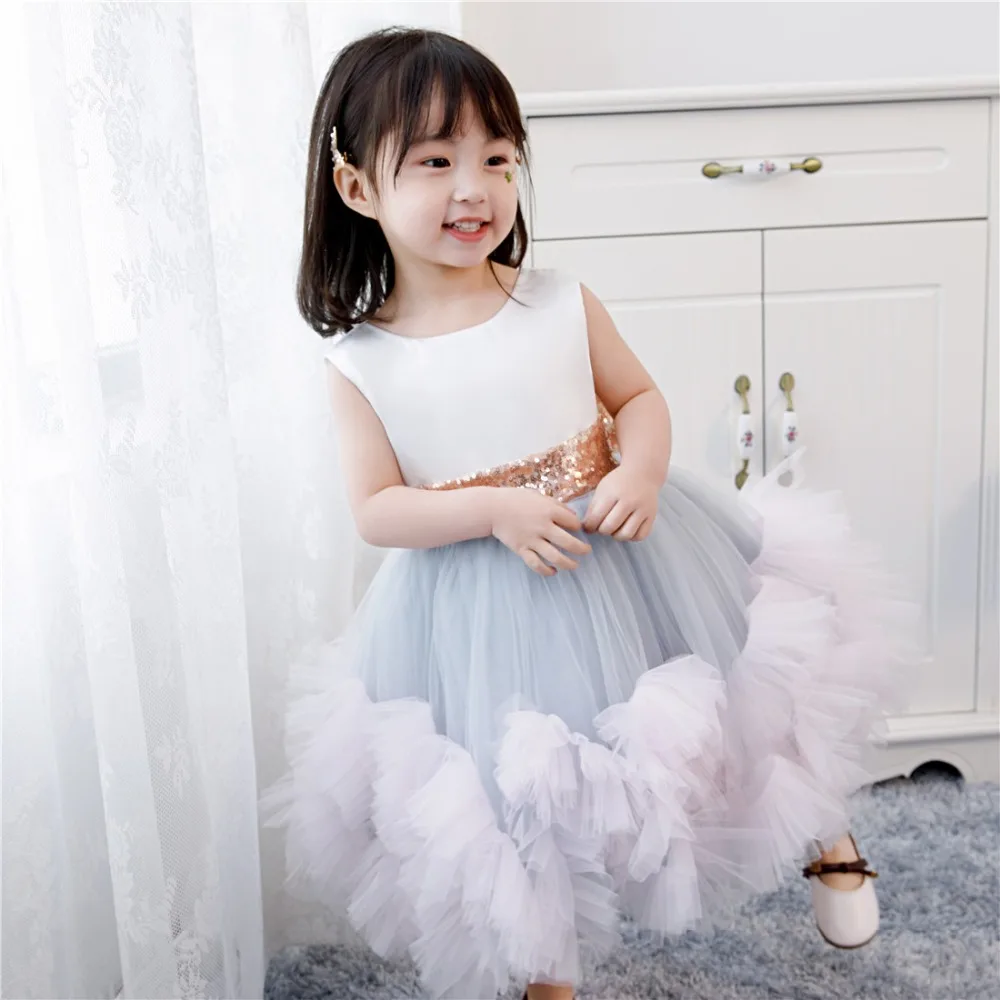 Sequin Layered Flower Girl Dress For Girls Tulle Dresses Birthday Party Wedding Ceremonious Girl Baptism Gown Kids