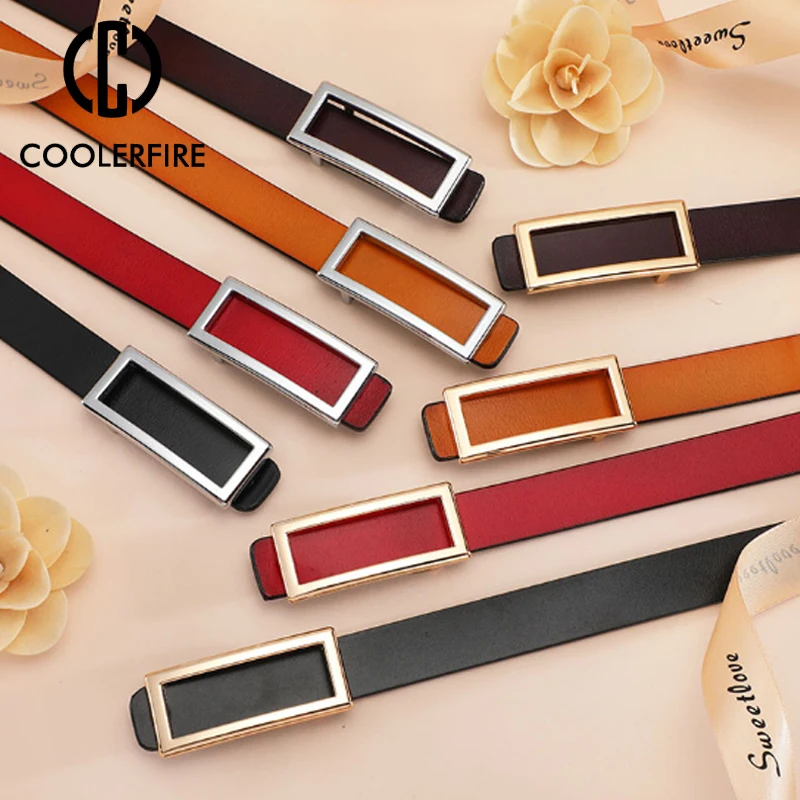 COOLERFIRE New Designer Gold Buckle Belt Waist Female  Skinny Thin Genuine Leather Belts For Women Dress Belt LB016