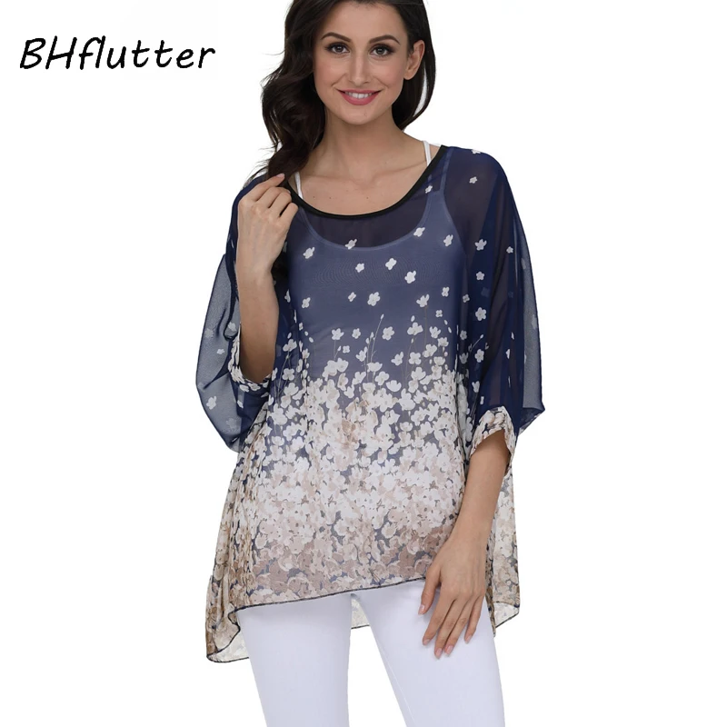 BHflutter Women Blouses 2018 New Fashion O neck Batwing Summer Blouse Boho Style Beach Chiffon Shirts Tops Plus Size 4XL 5XL 6XL