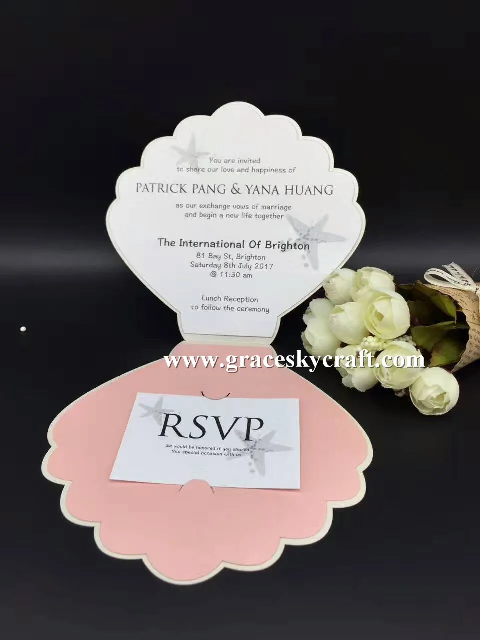 30pcs/lot New Free Shipping Laser Cut Shell Design creative folded style Paper Wedding Invitation RSVP Cards text customized