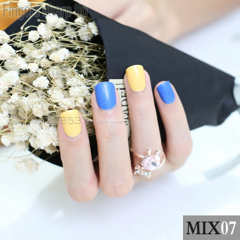 48pcs new Fashion Blue Yellow  Fake Nail Short Design Artificial Nail Manicure DIY mix and match MIX07