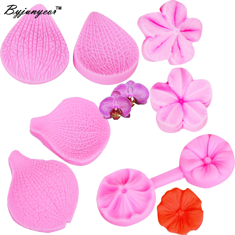 Byjunyeor M-C080 7PCS Phalaenopsis Flowers&leaf Petal Cake Mold Silicone Orchid Flower Mold Cake Decoration Tool DIY Baking Mold