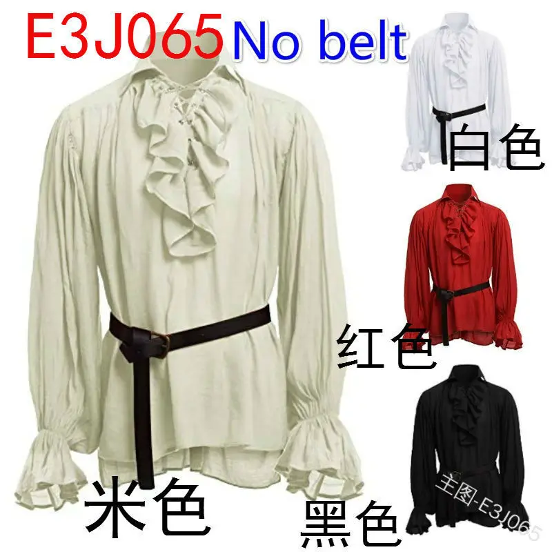 Plus Size Men Pirate Costume Halloween Medieval Renaissance Gothic Colonial Vampire Gentle Shirt Blouse Tops Without Belt