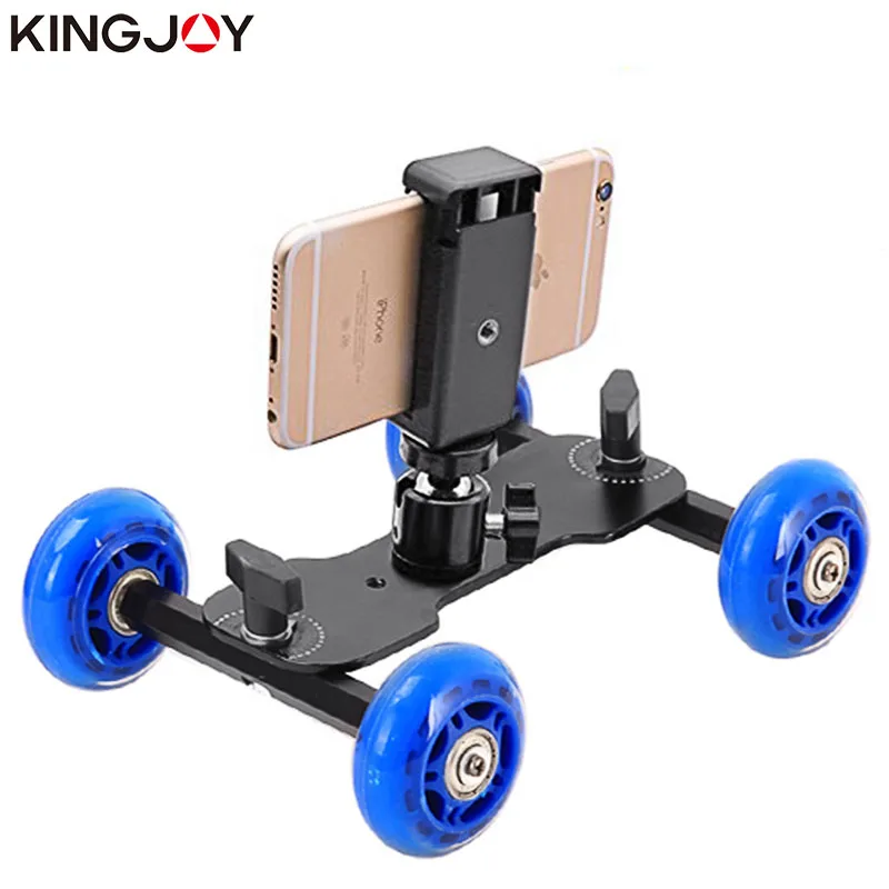 KINGJOY 4-Wheels Dolly Car Camera Slider for Monopod Stand Desktop DSLR Camera Video Car Dolly Stabilizer for Phone Photography