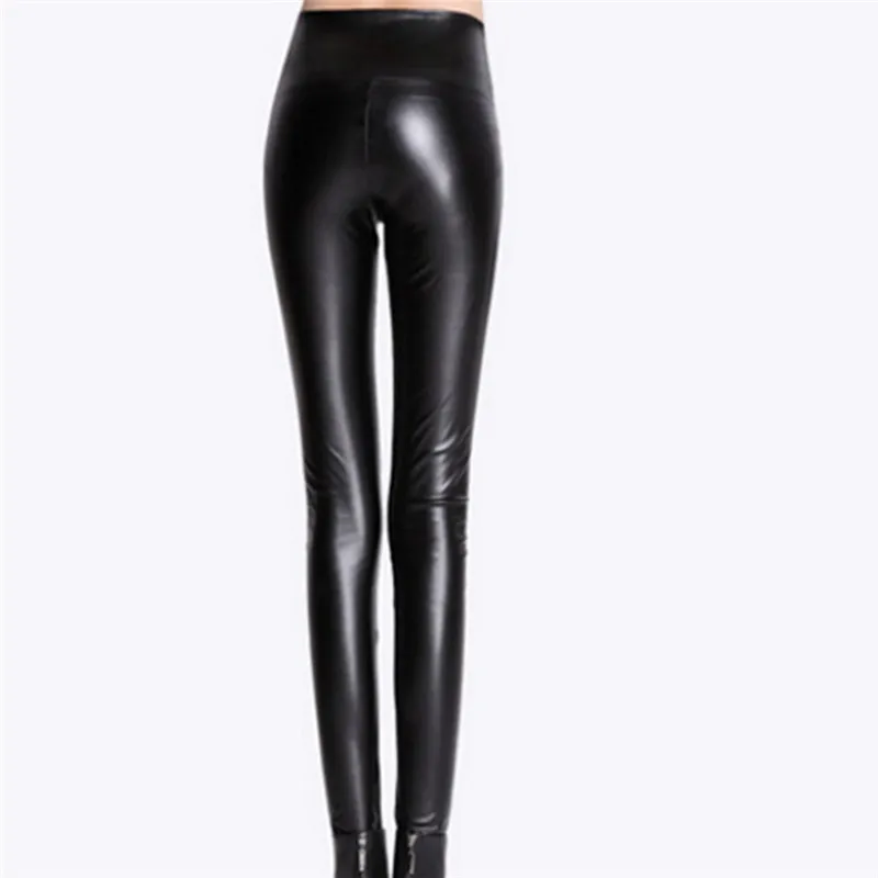 1pc fashion  waist high trousers Skinny Pants Women Black Leather Chic Winter Thickened Leggings Warm Pants