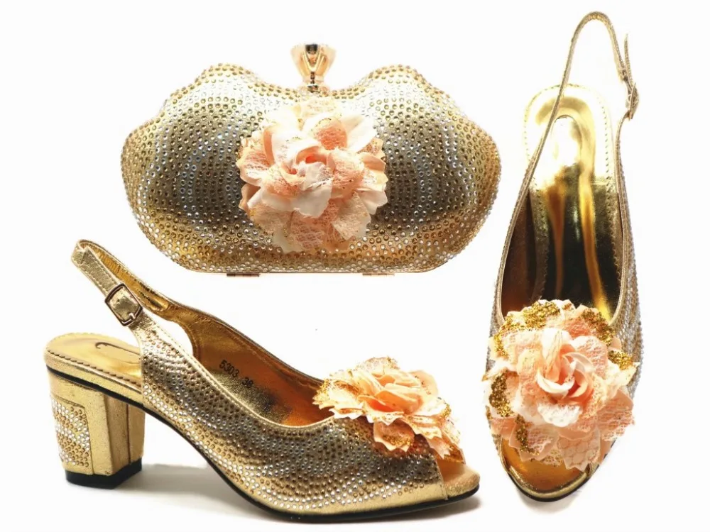 Top sale pink women pumps match handbag set with rhinestone and flower style african shoes and bag for party dress X48