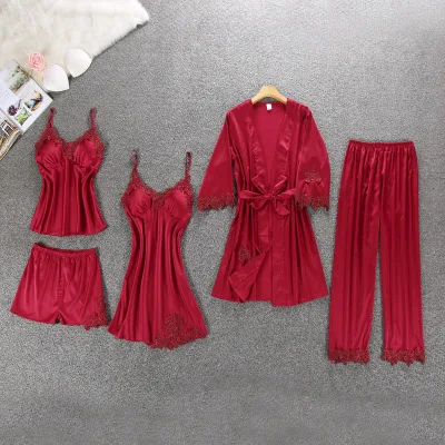 Daeyard conjunto de pijamas femininos de cetim, pijamas de 5 peças, roupa de dormir em seda, roupa de casa, bordado, pijama de renda e com apoio de