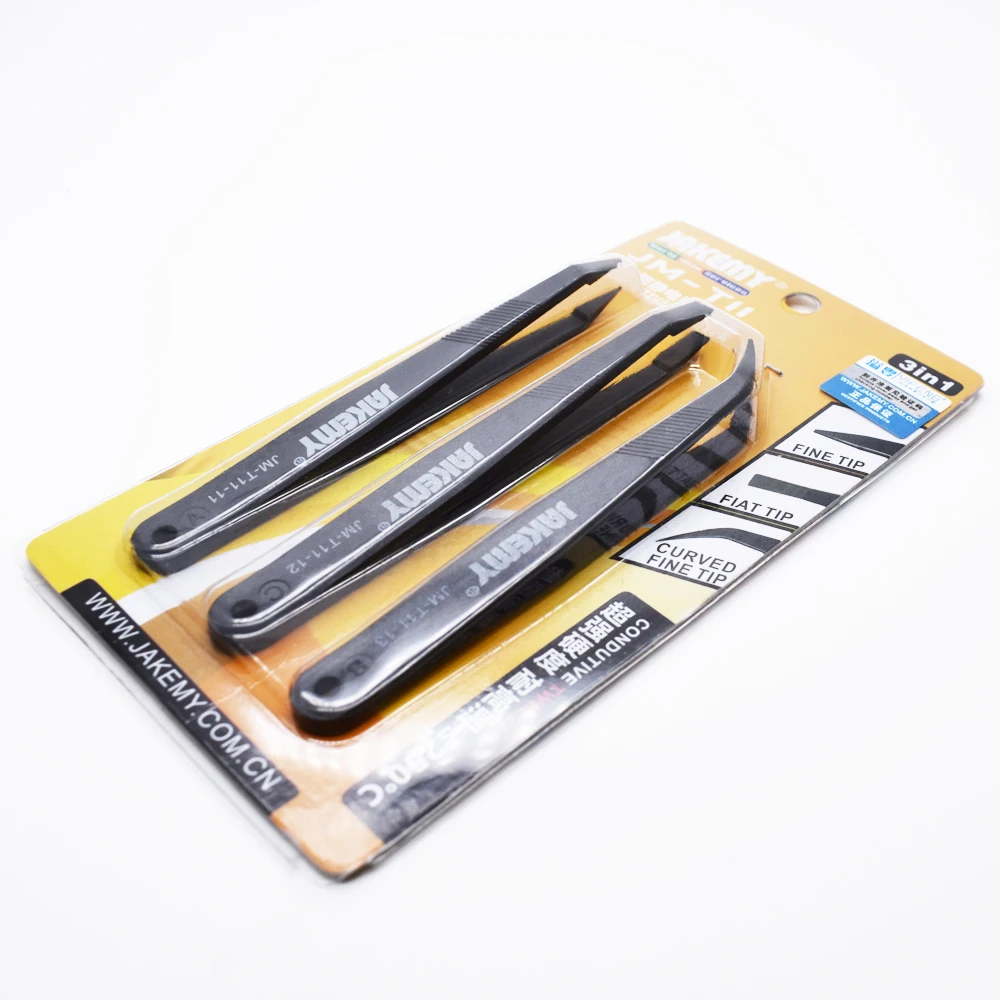Juego de pinzas antiestáticas 3 en 1, juego de pinzas curvadas planas, resistentes al calor, para iPhone, Samsung, ordenador portátil, reparación de PCB, JM-T11