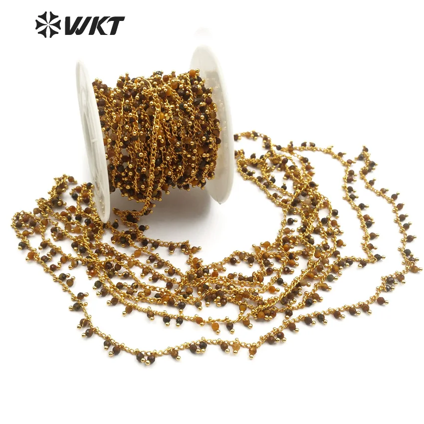 WT-RBC095 Wholesale Rosary Chain 3mm Tiger Eye Stone Bead Dangling Chain Brass Wire Wrapped Non-tarnishable