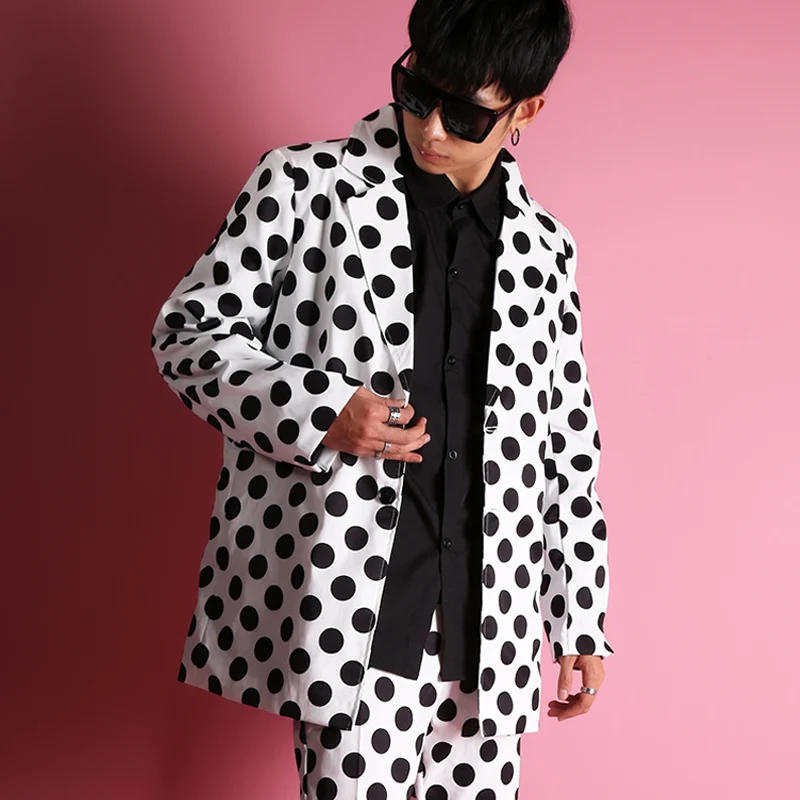 Hot New Mens Bianco E Nero Polka Dots Abiti Classici Vestito Allentato Discoteche Casual Giacche Uomini Abiti Maree Moda Nono pantaloni