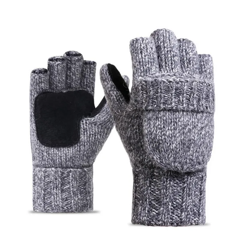 Winter Warm Thick Men Women Fingerless Gloves Clamshell Wool Cycling Non-slip Knitted Fishing Flip Run Half Finger Fleece Gloves