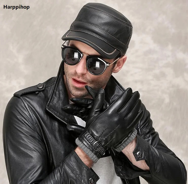 Harppihop Winter Men\'s Genuine Leather hats 2018 New Brand  Fashion Warm Black cowhide real leather caps