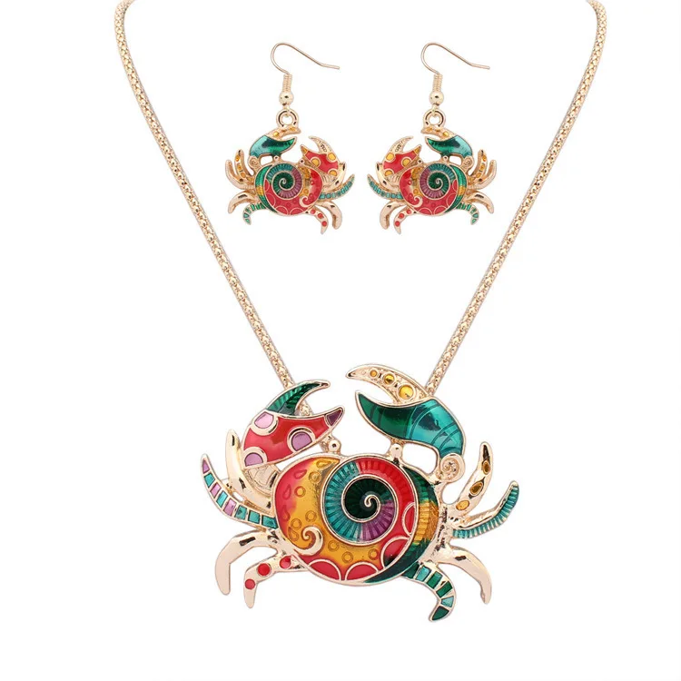 2023 New Fashion Gold Color Enamel Crab Jewelry Sets For Women Girl Colorful Animal Statement Necklace Earrings Set Party Gift