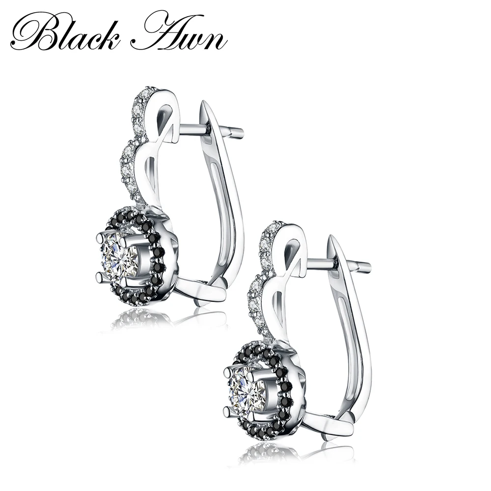 2026 New Vintage Silver Color Engagement Hoop Earrings for Women Black&White Stone Jewelry Bijoux T001