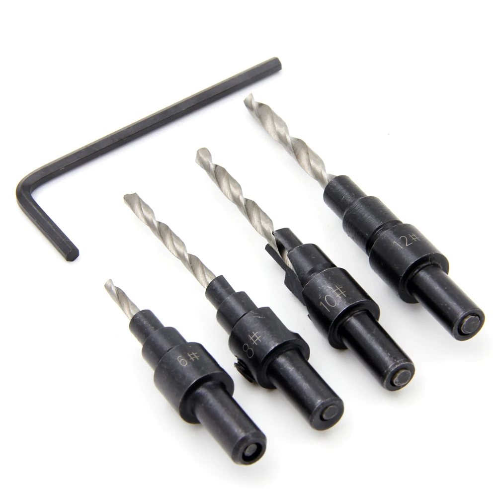 4Pcs HSS Round Shank เครื่องเจาะ Bits Tapper เครื่องมือ Woodworking Pilot รูขนาด #6 #8 #10 #12 1ประแจ
