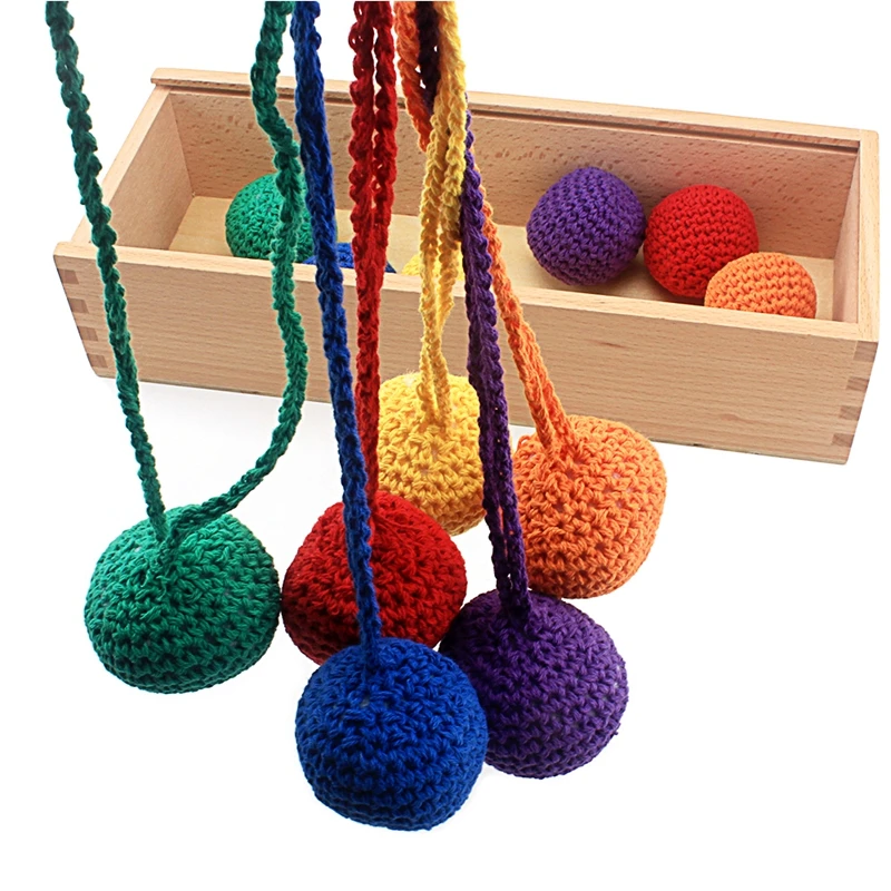 Lot de 12 balles tricotées en bois pour bébés, jouet éducatif éducatif avec boîte, aide pédagogique, couleur, jeux GABE1 2-4