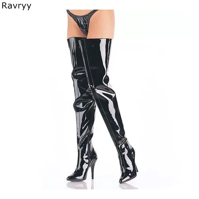 

Patent Leather Black Woman long boots Pole dance Model Show Fun Club Party Female Shoes Pointed Toe Thin Heel Over-the-knee Boot