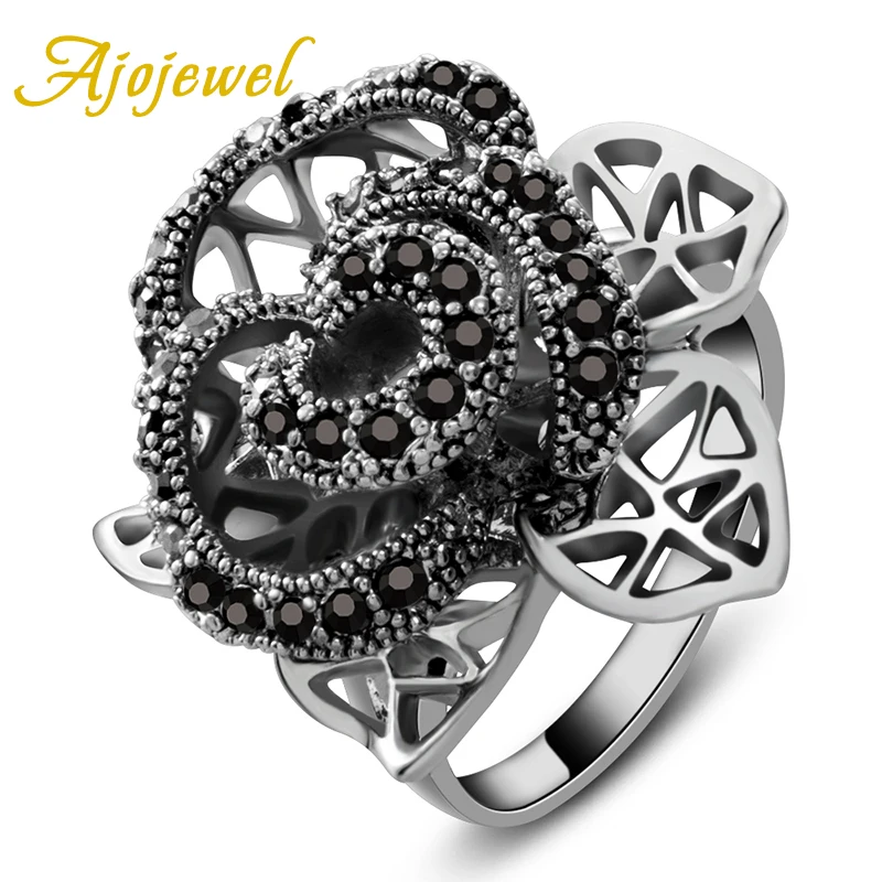 Ajojewel Women‘s Big Multilayer Flower Ring Black Rhinestone Hollow Plant Jewelry Retro Gift Items Bijoux Femme