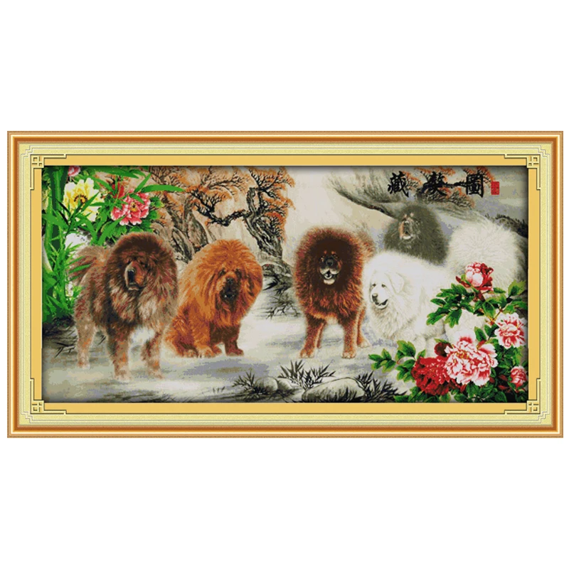 Peony Tibetan Mastiff Patterns Counted Cross Stitch Set DIY 11CT 14CT 16CT Stamped DMC Cross-stitch Kit Embroidery Needlework