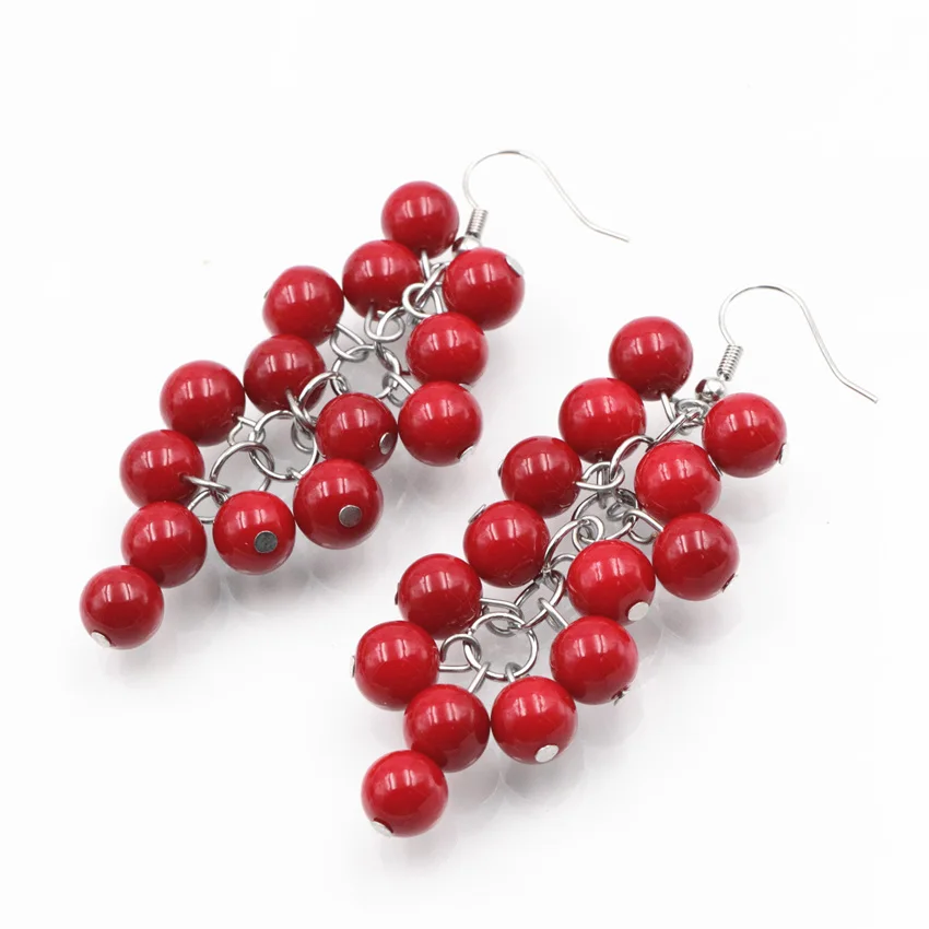 Neo-Gothic Ethnic Long Dangle Earring for Women 8mm Red Artificial Coral Drop Grape Shape Earrings Fashion Jewelry Eardrop A660