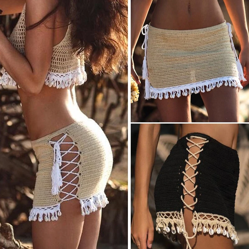 New Sexy Crochet Beach Skirt Cotton Swimsuit Fused Skirt Casual Beach Running Lace See Through Slim Mini Skirts