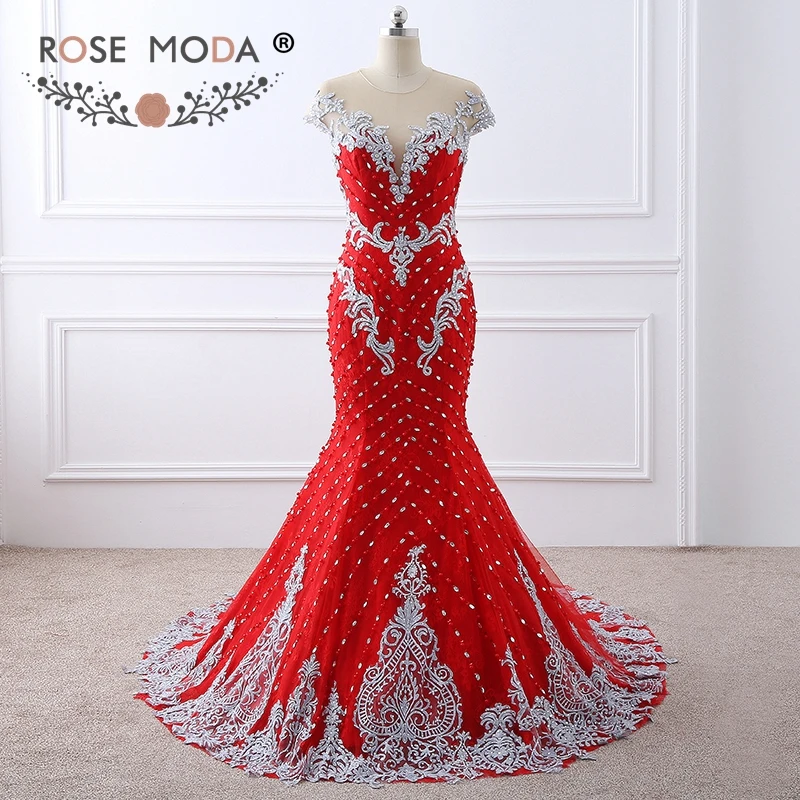 Rose Moda Luxe Zwaar Kralen Rood Kant Mermaid Prom Jurk met Naakt Terug Handgemaakte 3D Bloemen Parel Knoppen Formele Party jurk