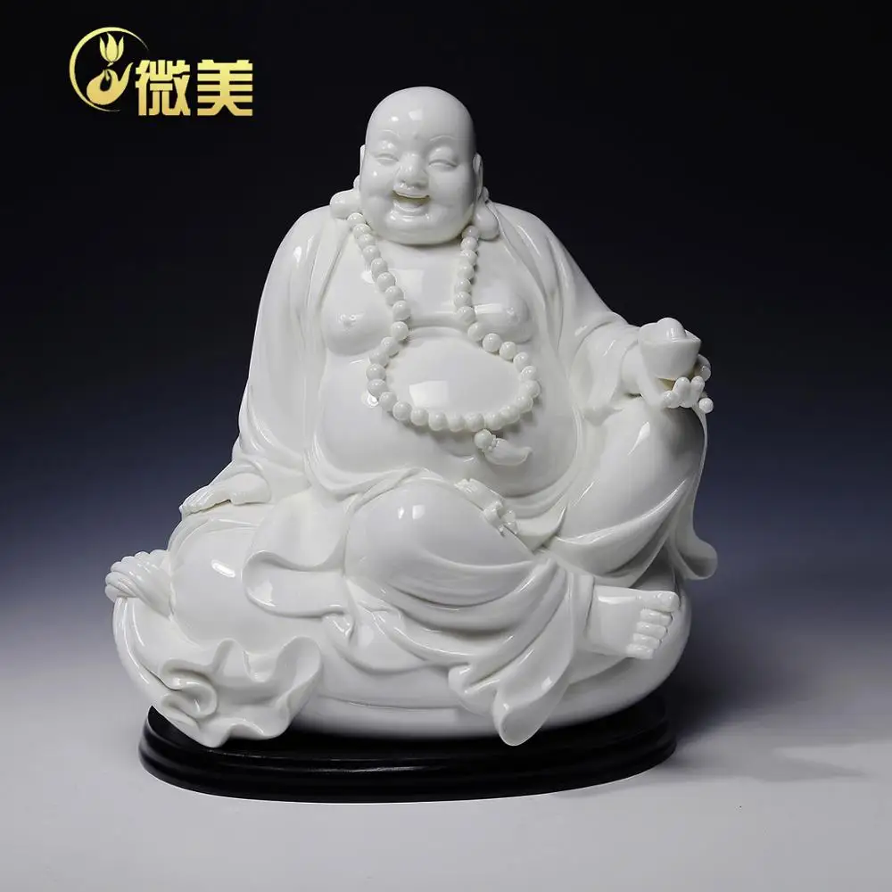 Dehua white porcelain 13 inch tuobao bag sitting Buddha Maitreya mascot ceramic handicrafts desk store