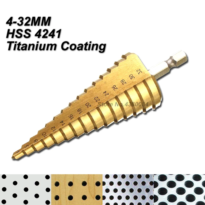 1Pc 4-32MM Titanium Coating HSS Step Drill Bit 1/4'' Hex Shank Cone Grooved Hole Cutter DIY Punching Power Tools