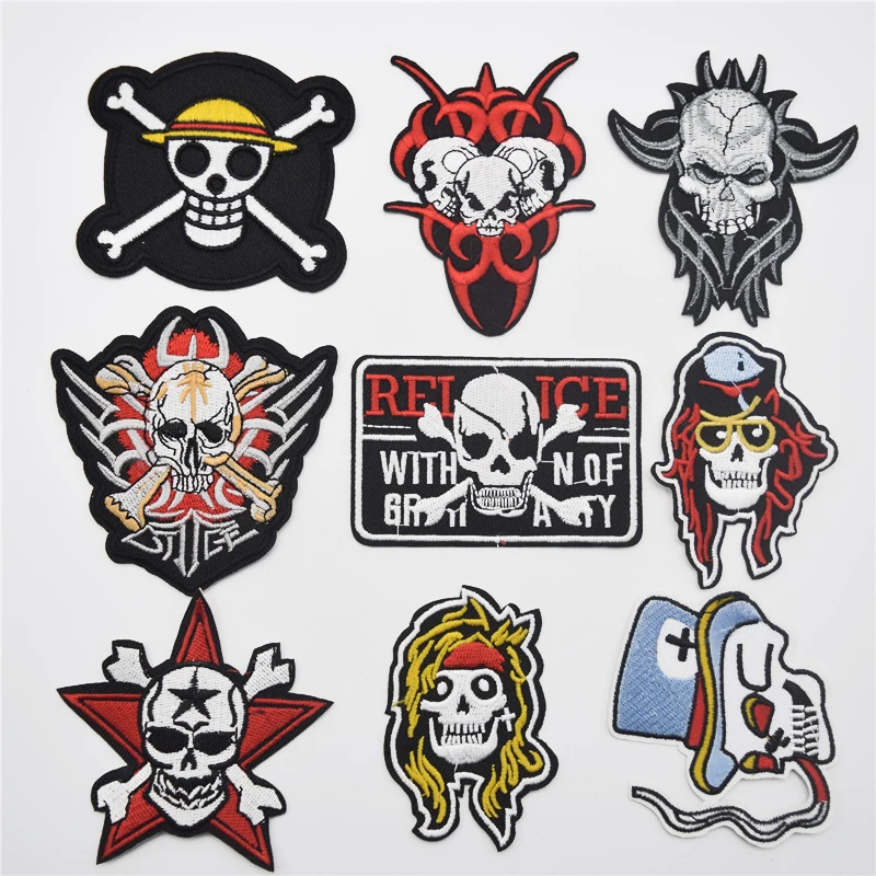 90PCS/set Skulls Badge Iron On Patches Embroidered Clothes Applique Trim 9 Designs