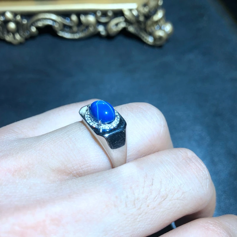 masculine  blue natural Star Sapphire gemstone ring for men fine jewelry natural gem 925 sterling silver boy husband self gift