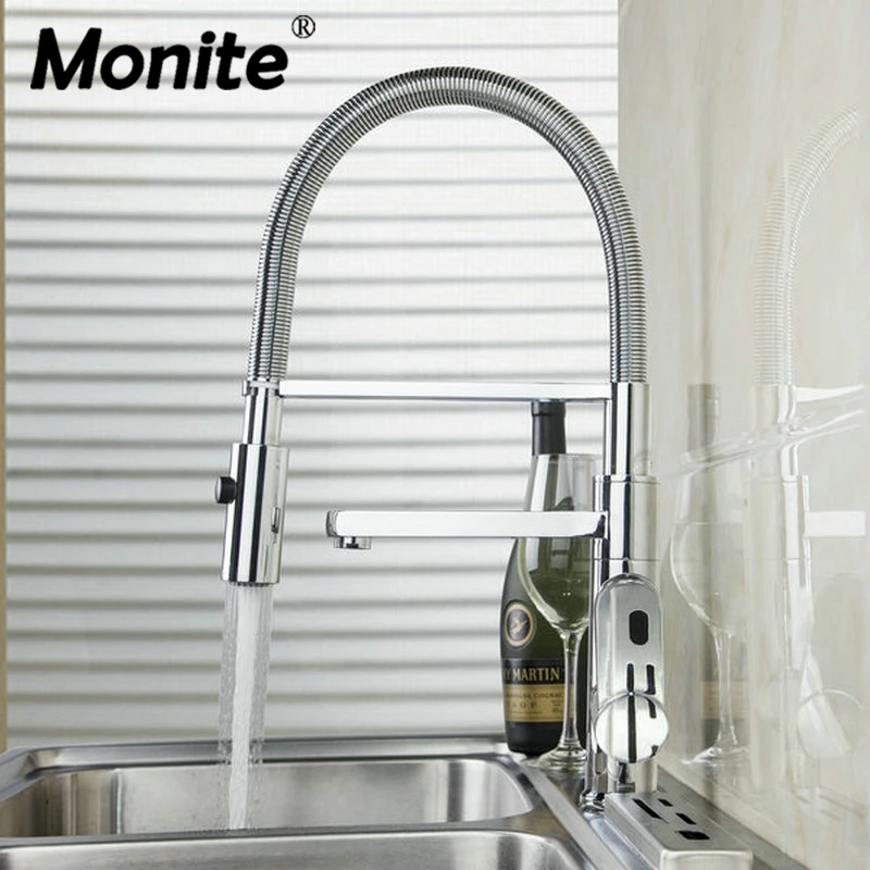 

Monite Rotated Double Function Solid Brass Pull Out Spray Faucet Chrome Single Handle Deck Mount Kitchen Sink Mixer Tap