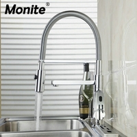 Monite Rotated Double Function Solid Brass Pull Out Spray Faucet Chrome Single Handle Deck Mount Kitchen Sink Mixer Tap