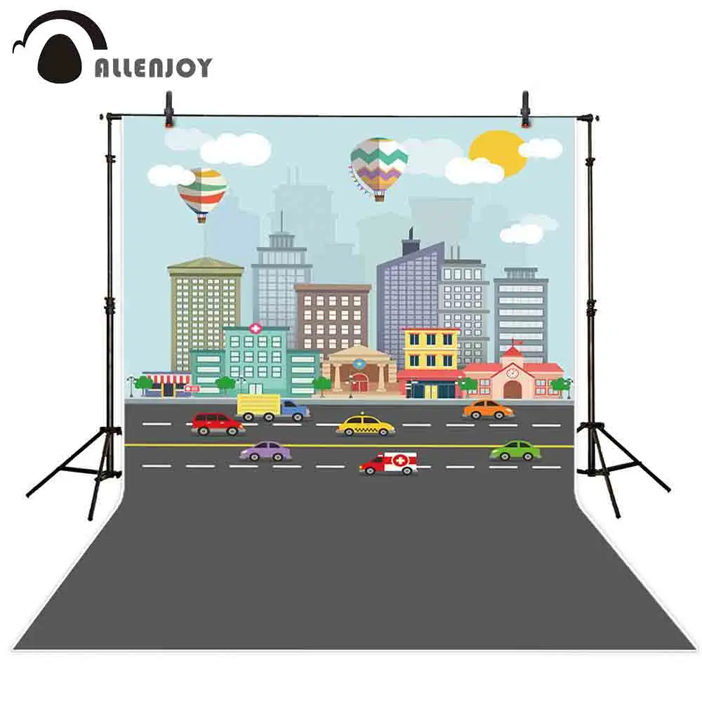 Allenjoy photographic backdrop hot air balloon road traffic building cartoon clouds sky children photophone camera fotografia