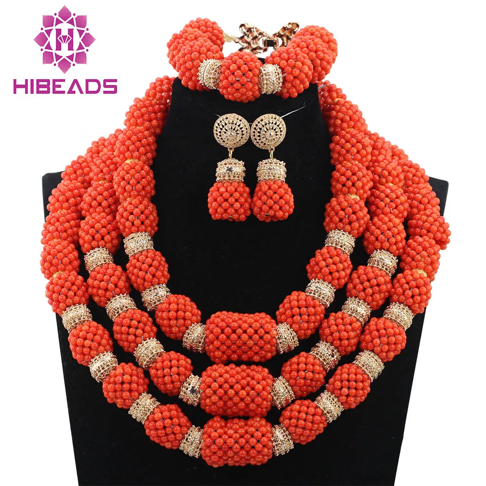 Luxury Fashion Coral Costume Jewelry New Handmade Coral Beads Balls Wedding Jewelry Set Nigerian Brides Free Shipping ABH233