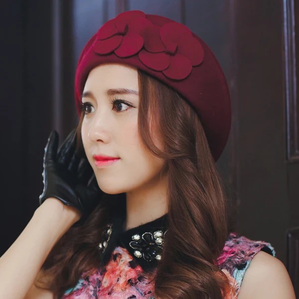 Lady Warm Fedoras Hat Girls Woolen Fedoras Cap Cute Fashion Double Flowers Berets Cap Woolen Hats Caps Women\'s Hats B-8914