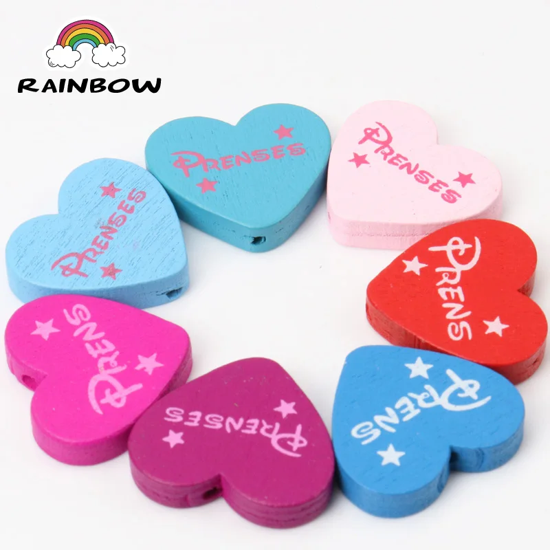 Mixed Color Wooden Letter Pattern Lovely Heart Shape Spacer Beads  For Kids Handmade Jewelry Making DIY 23x21mm 50pcs